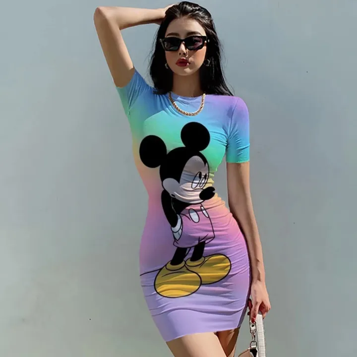 Disney%20Minnie%20Mickey%20Mouse%20bow%20print%20Elegant%20Pencil%20Dress%20Womens%20Simple%20Sheath%20Office%20Dresses%20Summer%20Short%20sleeve%20Casual%20Vestido%20-%20Image%204