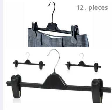 12 pieces Cloth Hanger With Swivel Black Hook - Black Plastic Clip cloth Hangers