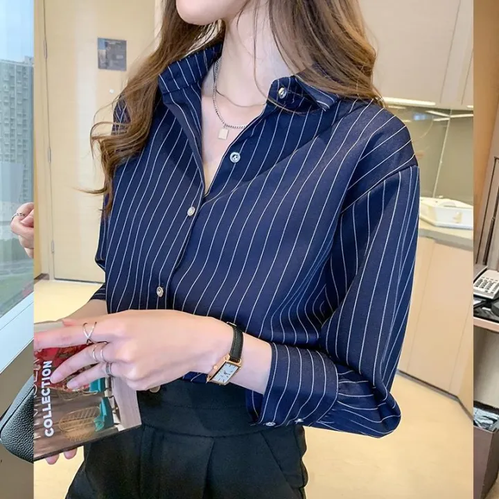Striped%20Shirt%20Women's%20Design%20Sense%20Niche%20New%20Spring%20and%20Autumn%20Chiffon%20Top%20Professional%20OL%20Lightly%20Mature%20Shirt%20-%20Image%204