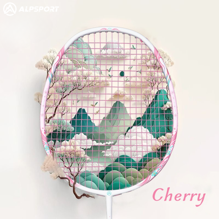 ALPSPORT New Cherry 100% Full Carbon Fiber Original Design Goddess Model for Girl Badminton Racket T800 Strings Grips Installed Pink Reket ALP TX Raket Rsl Yonex Liling Victor