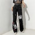 Gothic Cargo Pants Women Streetwear Punk Style Print Low Waist Jeans Black Denim Trousers Buckle Pockets Aesthetic Pantalones. 