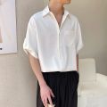 2023 Summer New Korean Fashion Ice Silk Short Sleeve Shirt Men Half-sleeved Lapel Solid Color Casual High Quality Shirts for Men.