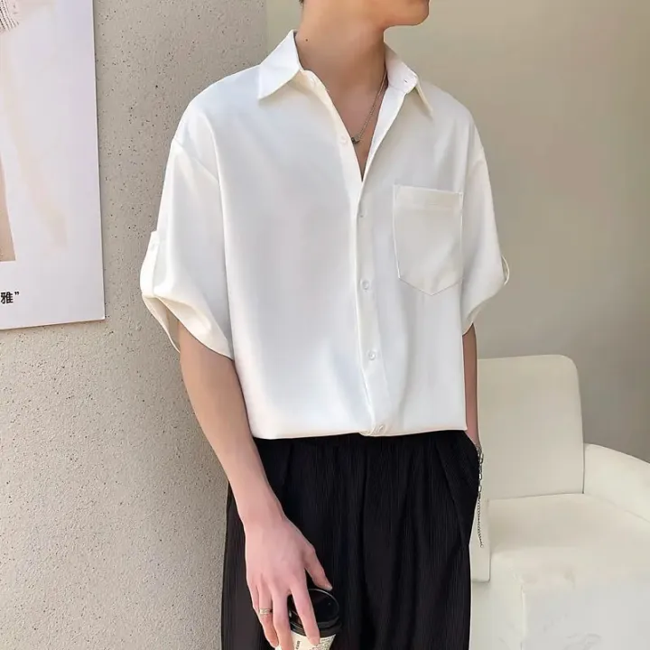 2023%20Summer%20New%20Korean%20Fashion%20Ice%20Silk%20Short%20Sleeve%20Shirt%20Men%20Half-sleeved%20Lapel%20Solid%20Color%20Casual%20High%20Quality%20Shirts%20for%20Men%20-%20Image%203