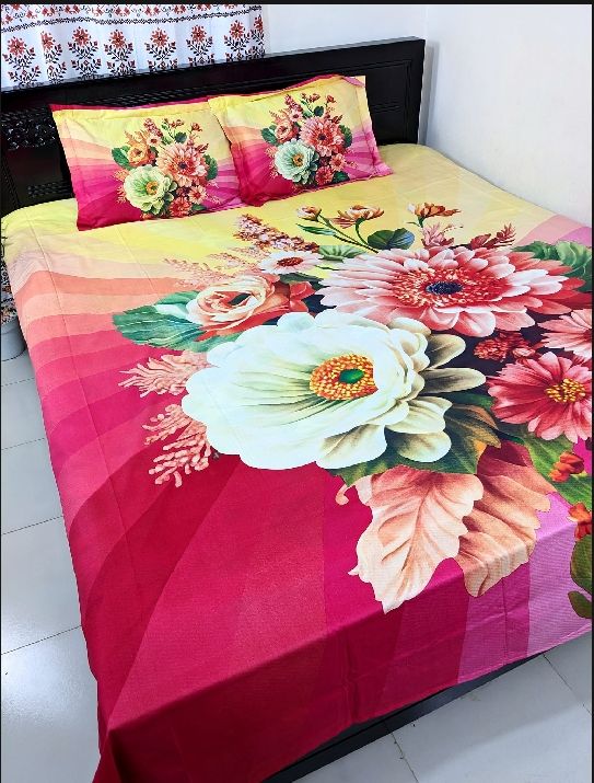 New Single Flower Double Size Panel Bed Sheet With Two Matching Design Pillow Covers For Big Bed Size 7.5×8.5 Feet