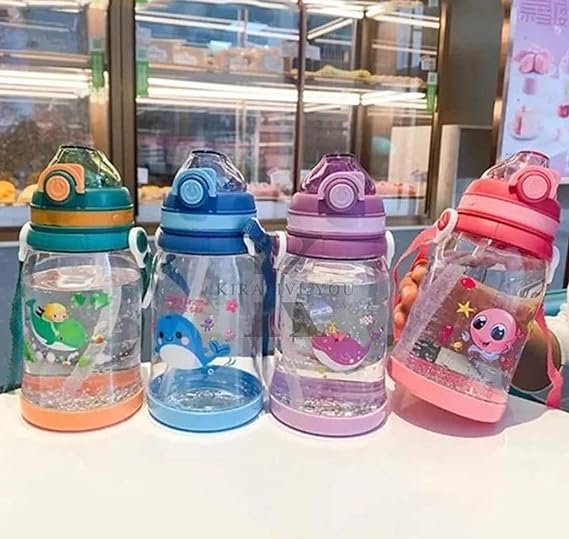 KIRATIVEYOU Water Bottle For Kids With Strap, Sipper Bottle For Kids, Cute Whale Fish, Anti-Spill, Soft Silicone Straw BPA Free Cartoon Design One Touch Open Water Bottle For School (550ml) (Green)