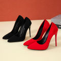 Big Size 35-45 women's shoes 2021 concise flock high heels women pumps pointed toe classic red gray ladies wedding shoes office.