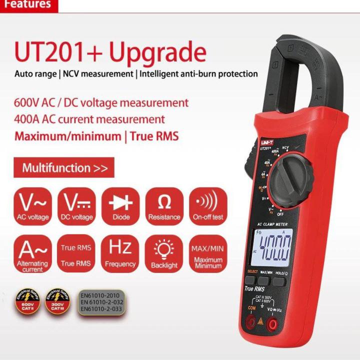UNI-T UT201+ Digital Clamp Meter, AC Current True RMS HVAC Volt Amp Ohm Meter Clamp On Multimeter, Auto Ranging 4,000 Counts NCV AC DC Voltage Frequency Resistance Continuity Diode Tester