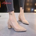 Aphixta Shoes Square Heel Women Pointed Toe Pumps Fashion Gray High Heels Flock Leather Black Party Shoes Plus Big size 47 48 50. 