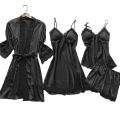 5PC Silk Robe Sleep Suit Womens Lace Satin Pajamas Gown Set V-Neck Cami Nighties Wear Pijama Home Nightwear Spring Nightdress.