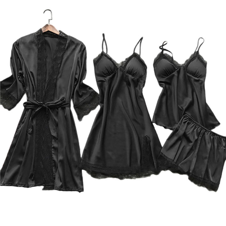 5PC Silk Robe Sleep Suit Womens Lace Satin Pajamas Gown Set V-Neck Cami Nighties Wear Pijama Home Nightwear Spring Nightdress
