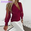 Mesh Sleeve Top Deep V Neck Mesh Patchwork Blouse for Women Stylish Ol Commute Shirt with Beaded Detailing Slim Fit Long Sleeves Women Slim Fit Shirt.