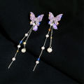 1 Pair Trendy Korean Purple Crystal Butterfly Drop Earring for Women Girls Fashion Tassel Chain Rhinestone Earring Party Wedding Jewelry Gift. 