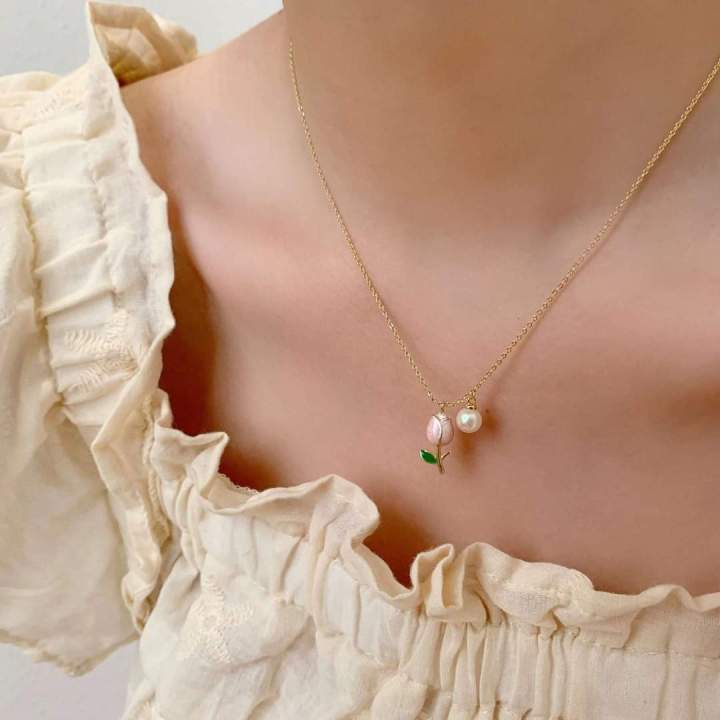 Cute%20Tulip%20Flower%20Shaped%20Pendant%20Peach%20Pearl%20Flower%20Chain%20For%20Women%20-%20Image%203