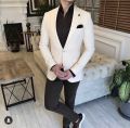 Tailored White Blazer Black Trousers 2Pc Notch Lapel Jacket+Pants Men Suits Set Wedding Suits For Groom Prom Slim Fit Party Wear. 