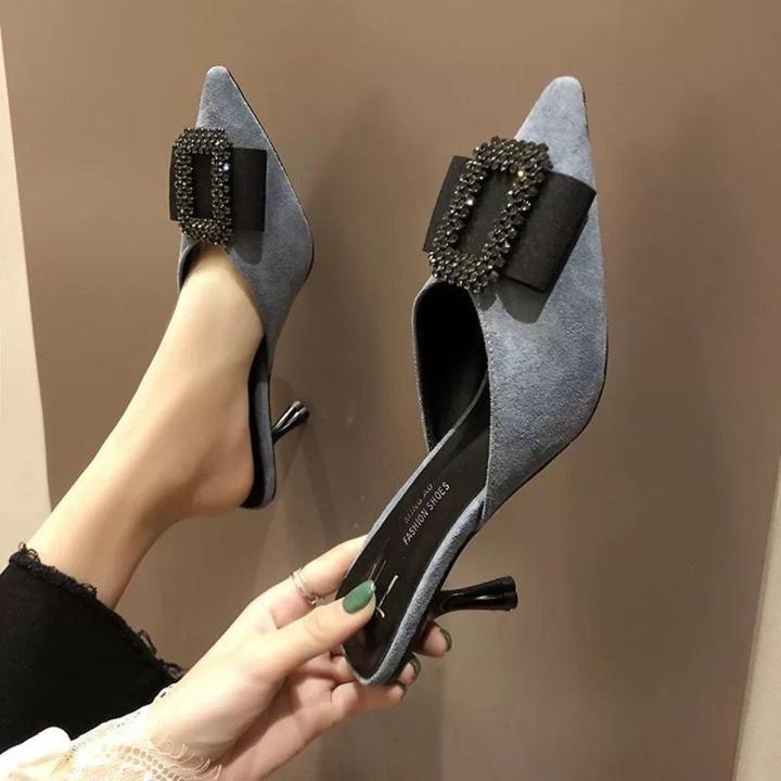 Fairy Style Slippers2022Autumn Korean Style Rhinestone Metal All-Matching High Heels Wanwan Lei Style Lazybones' Mules Women's Shoes