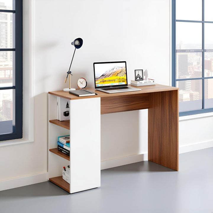 Study Table For Home Compact Wooden Study Table with Side Storage Shelves – Dual Tone Finish ...