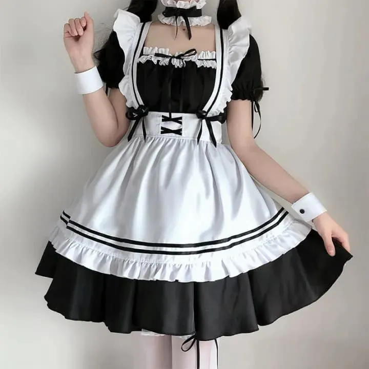 Maid Costume Set Anime Cosplay Lolita Japanese Maid Dress Outfit Cute Black Dress
