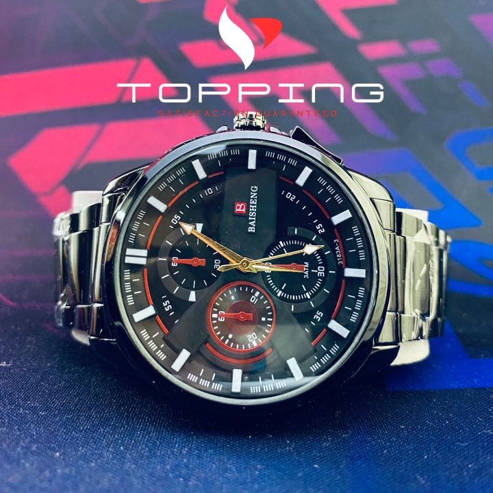 BAISHENG Chain Watch for Men in Black with a Premium Red Border ( WITH BOX )