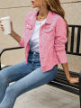 Jumperjuser-Women's Solid Color Denim Jacket, Casual Long Sleeve Button Down Chest Pocket Jean Jacket. 
