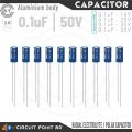 0.1uF 50V Radial Electrolytic Capacitor (10-Pcs) – Polarized Aluminum Body Capacitors for Circuits – 2-Pin Leads. 