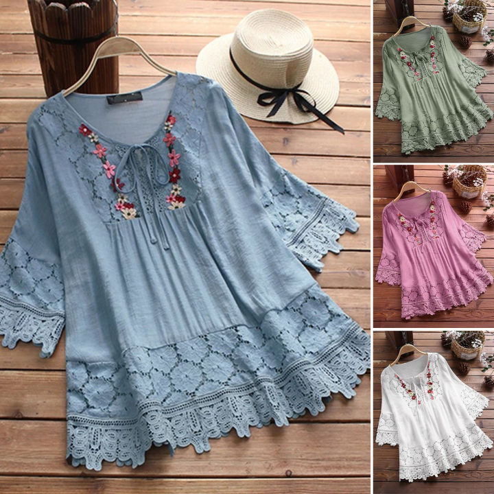 Summer%20Shirt%20V-Neck%20Crochet%20Lace%20Trim%20Flower%20Decor%20Casual%20Shirt%20-%20Image%205