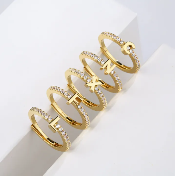 Fashion 26 Letters gold Ring Women Simple Exquisite A-Z Open Finger Ring Initial Zircon Letter Name engagement finger Rings