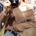 2023 Autumn and Winter New Korean Style Sexy Big V Collar off-the-Shoulder Top Woolen Pullover Sweater for Women.