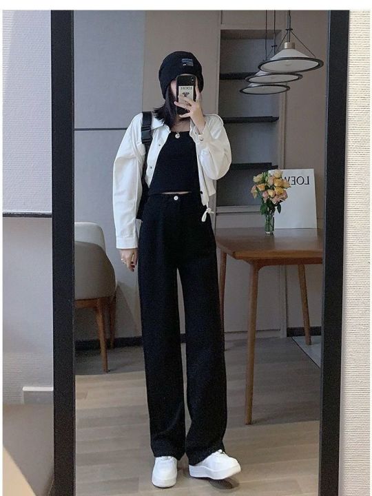 Off-White%20Micro%20Wide-Leg%20Jeans%20Women's%20High%20Waist%20Slimming%20Loose%20Apricot%20All-Match%20Draping%20Elastic%20Waist%20Student%20Black%20Pants%20-%20Image%204