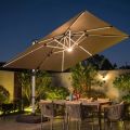 Square Cantilever Umbrella with Solar LED Lights and Cross Base, Large Outdoor Patio Umbrella with Easy Offset Umbrella Khaki. 