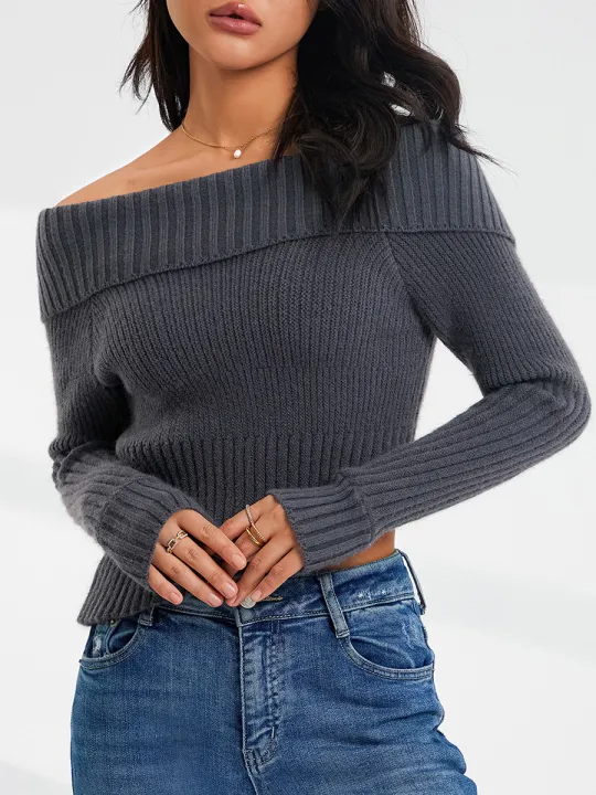 Women's%20Off%20Shoulder%20Sweater,%20Long%20Sleeve%20Solid%20Color%20Asymmetrical%20Hem%20Knit%20Tops%20-%20Image%204