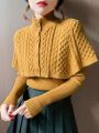 Korean Cloak Sweater 2 Piece Sets Fall Winter Retro Thick Mock Neck Knit Cape And Slim V-neck Pullover Women Warm Sweaters Tops.