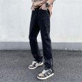 Light Blue Wide-leg Jeans 2024 Men New Korean Style Straight Baggy Middle Waist Pants Side Zipper Male Denim Trousers Size 2XL.