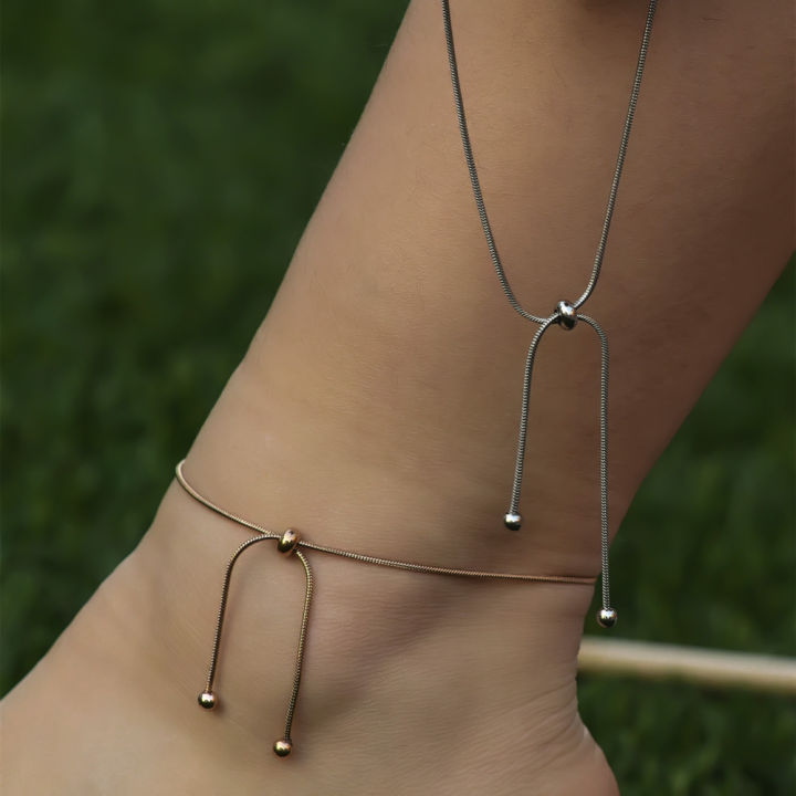 Fashion Simple Adjustable Slider Anklets Chain Bracelets For Women Girl Titanium Steel Jewelry Bangle Retro Minimalist Style Ankle Gift 1Pcs