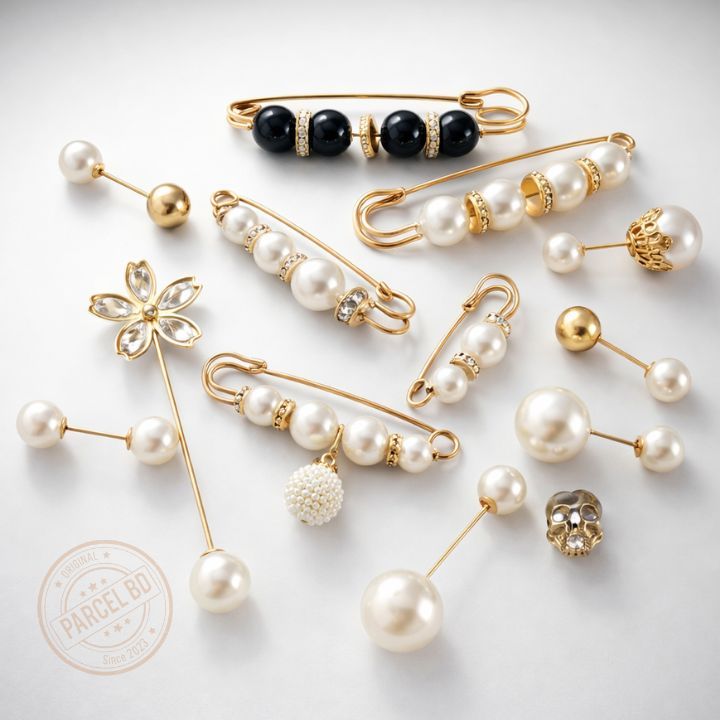 Premium Hijab Pin & Brooch Set - Adjustable Waist Pin for Shari/Dress/Trouser - 2 Pcs Set Stone & Pearl Safety Pins for Women