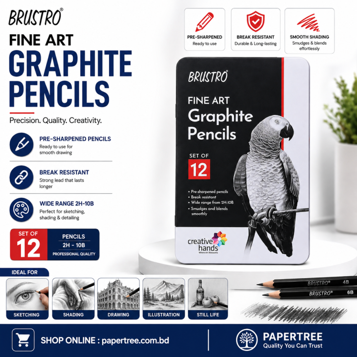 BRUSTRO Artists Fineart Graphite Pencil Set of 12 (10B-2H) with Elegant Tin Box