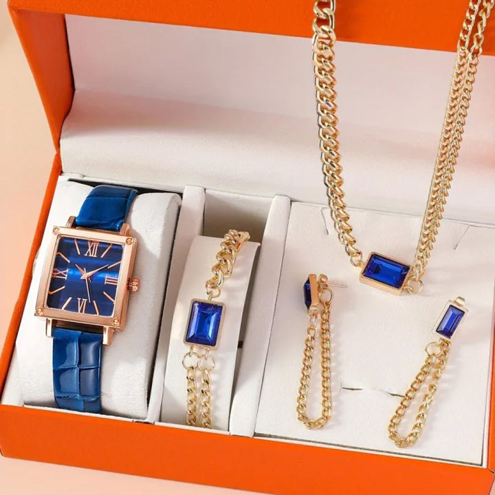 Ladies Fashion 5pcs Square Dial Wristwatch Set Women's PU Leather Strap Watch and Matching Jewelry Girl Waterproof and Durable Watches