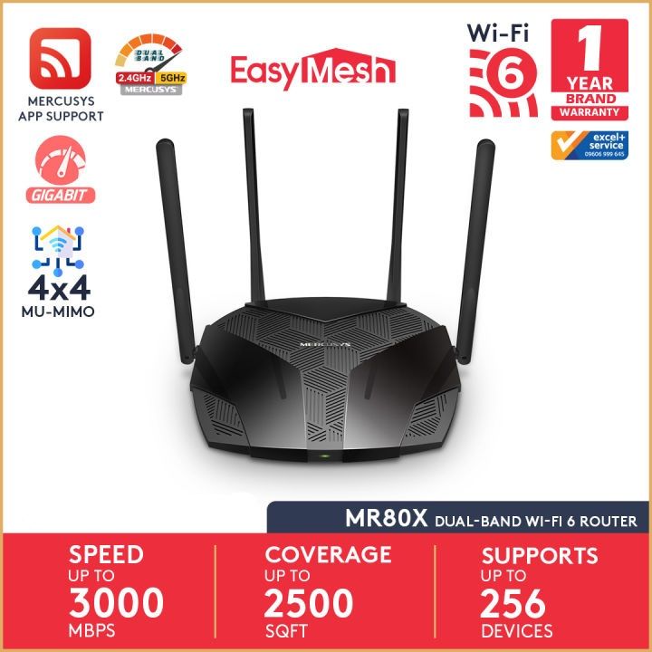 Mercusys MR80X V2.2 AX3000 Dual-Band Wi-Fi 6 Gigabit Router WiFi Speed up to 2402Mbps/5GHz + 574Mbps/2.4GHz, Gigabit 3 LAN Ports, 1 WAN Port Ideal for Gaming