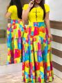 T9042 Amazon AliExpress 2023 Summer New European and American Temperament Commuter Digital Printed Long Dress.