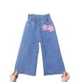 Girls' summer denim wide-leg pants for little girls 2024 new trendy cropped pants stretch foreign style children's pants.