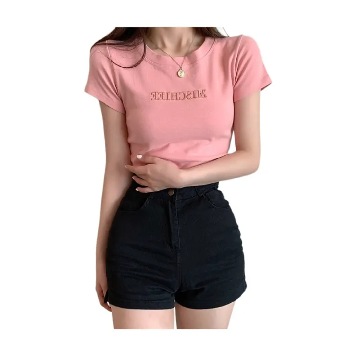 Letter%20embroidered%20top%202024%20Summer%20New%20Slim%20Bottoming%20Women's%20Clothing%20Korean%20Style%20Short%20Sleeve%20Fashion%20T%20Loose%20T-shirt%20-%20Image%205
