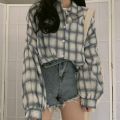 2021 Plaid Shirt Women's Loose Korean-Style Mid-Length Retro Hong Kong Style All-Matching bf Long Sleeve Sun Protection ins Fashionable Coat. 