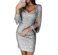 Women Dresses Europe and The United States New Women's V-neck Nightclub Party Fringe Bag Hip Dress. 
