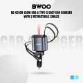 BWOO BO-CC109 120W USB & Type-C Grey Car Charger With 2 Retractable Cables.