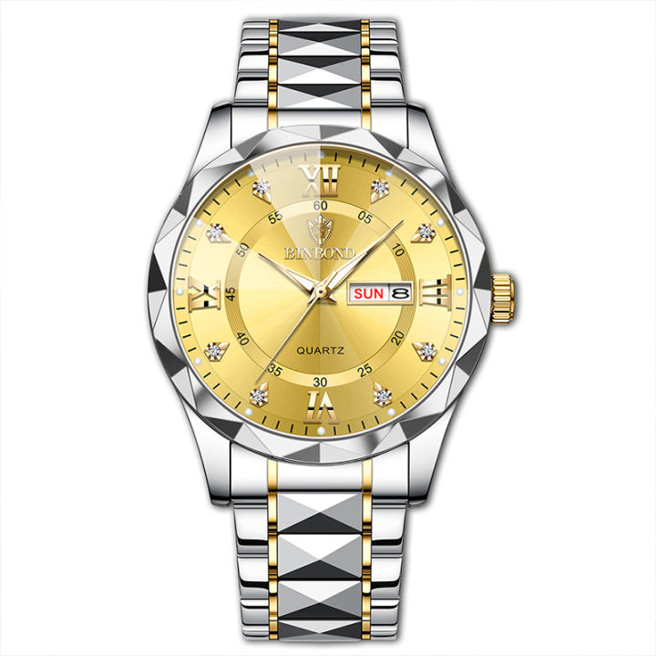DGSenpi Classic Business Men Quartz Watch Diamond Dail Dual Calendar Watch Luminous Pointer Watch Steel Band Men Wrist Watch Waterproof