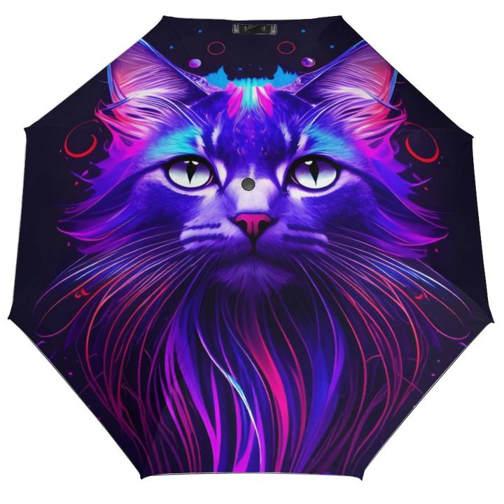 Cat Head 8 Ribs Auto Umbrella Neon Style Art Carbon Fiber Frame Umbrella Windproof Ligthweight Umbrellas for Men Women