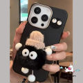 Cartoon Cute Plush Coal Ball Bracket Cute Cookie DIY Doll Case Compatible for IPhone 16 14 12 13 15 11 Pro Max XR 16 14 15 Plus X XS Max 16Pro Luxury Skin Feel Leather Texture Case.