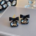 Square Crystal Stud Earrings - French Vintage - Black BowKnot Drop Earrings - Sweet - Temperament - Weddings, Festivals Jewelry Accessories. 