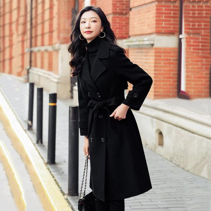 【Plus Cotton】Women's Black Overcoat Mid-Length2022New Autumn and Winter High-End Hepburn Style Woolen Coat