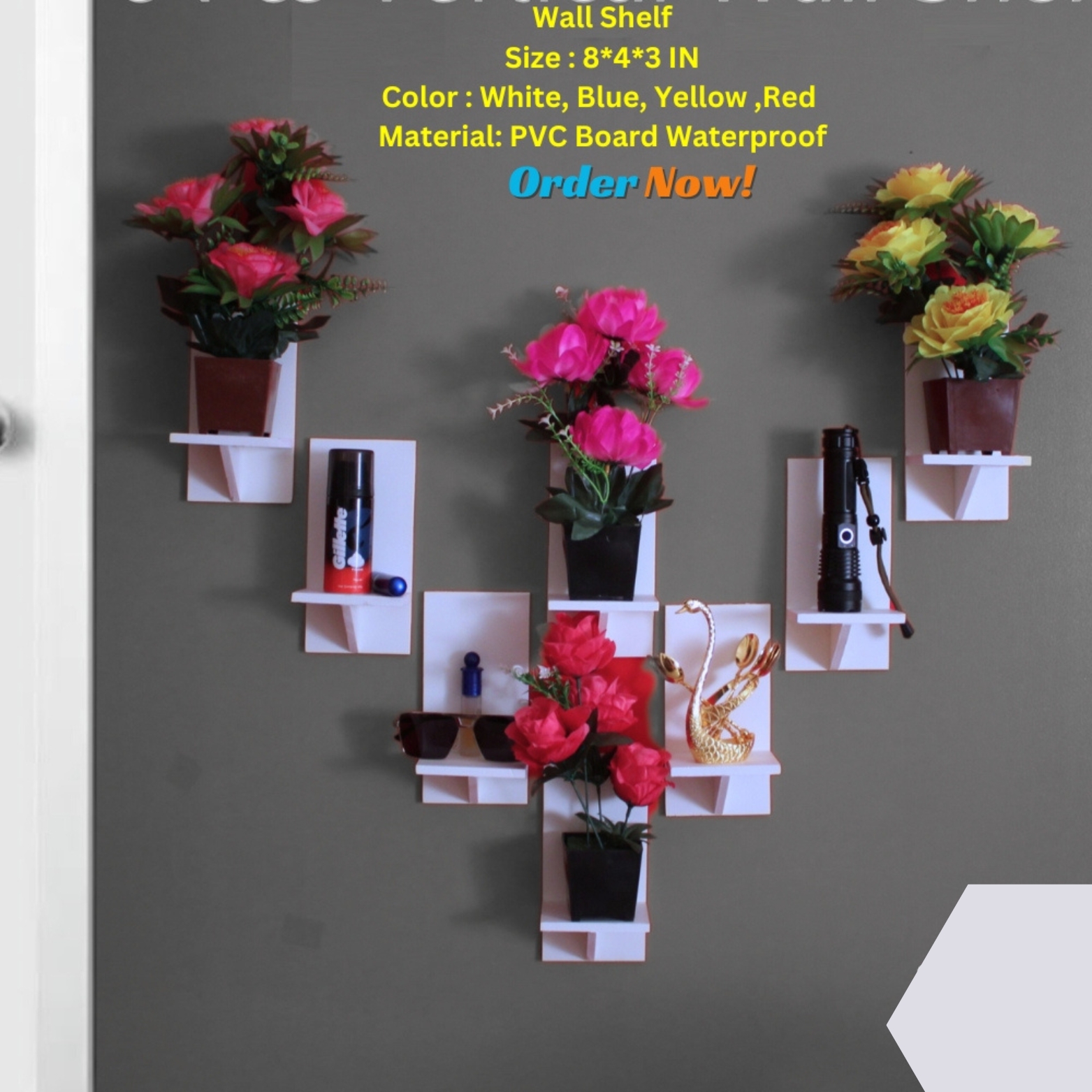 Vertical Shape Wall Shelf Without Flower , Self Adhesive Punch Free Decorative Craft Item (1/4/8 Pcs Stand ) Waterproof & Premium Quality.