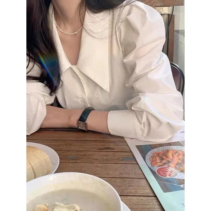 White%20French%20Style%20Shirt%20Women's%20Spring%20and%20Autumn%20Design%20Niche%20Top%20Fashionable%20Stylish%20Chic%20Puff%20Sleeve%20Pointed%20Collar%20Shirt%20-%20Image%202